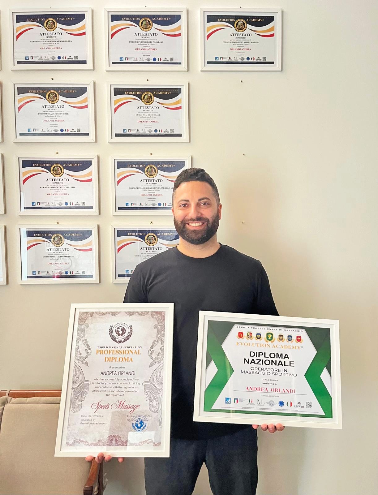 Diploma di massaggiatore sportivo e professionale presso Evolution Academy®, attestati riconosciuti internazionalmente.